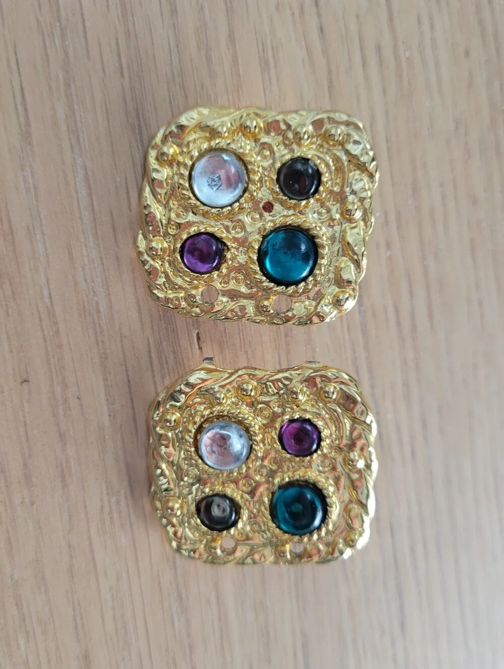 Vtg Gold-Tone Square Clip-On Statement 80s Earnings Green, Purple, Blue Accents